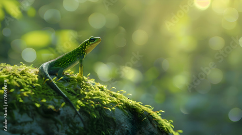 A vibrant green newt perched atop a moss-covered rock, with sunlight filtering through the forest canopy, casting soft shadows in the background