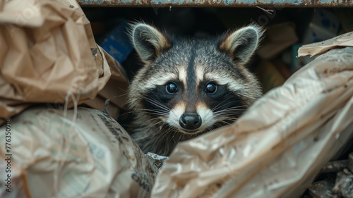 A raccoon peeking out from trash