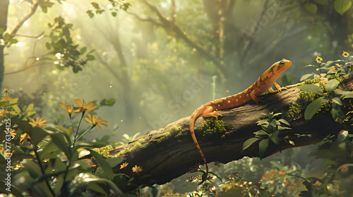 An enchanting scene of a newt gracefully climbing a weathered branch, set against a dreamy forest landscape, where shafts of golden light filter through the dense foliage