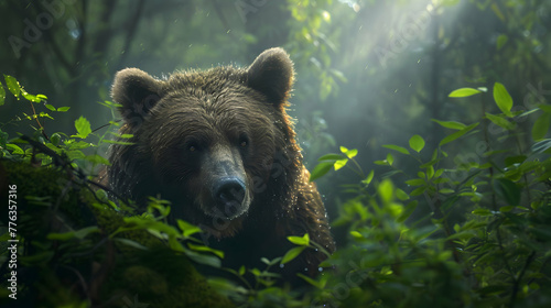 Curious bear peering out from behind a dense thicket, its fur glistening with morning dew in a misty woodland setting