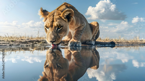 Graceful lioness drinking from a crystal-clear watering hole, her reflection mirroring the tranquil beauty of the surrounding landscape