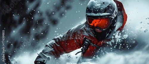 Skier in black background with skiing gear slopes clothing and techniques. Concept Skiing Techniques, Skiing Gear, Winter Sports, Skiing Clothing, Black Background Portrait