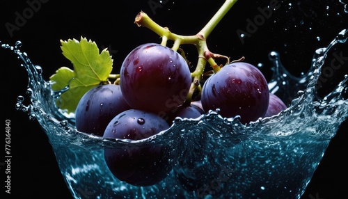 Fresh grapes plunging into water, creating dynamic splashes against a sleek black backdrop, a symphony of freshness and flavor