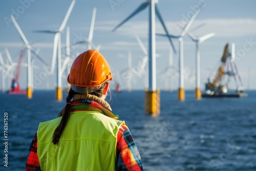 An engineer looks at an offshore wind farm in the sea