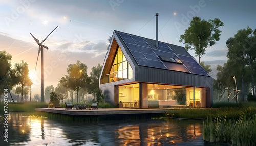 A modern eco-friendly lakeside house with solar panels and a wind farm that illuminates the sun.