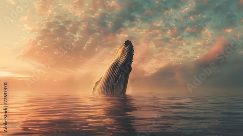 Massive gray whale emerging from the misty ocean spray, its immense form silhouetted against the soft pastel hues of a sunset sky, with tranquil waters stretching to the horizon