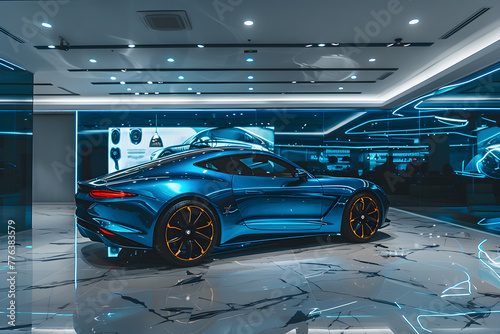 Ravishing Showcase of a Futuristic Metallic Blue Luxury Car in a Modern Showroom