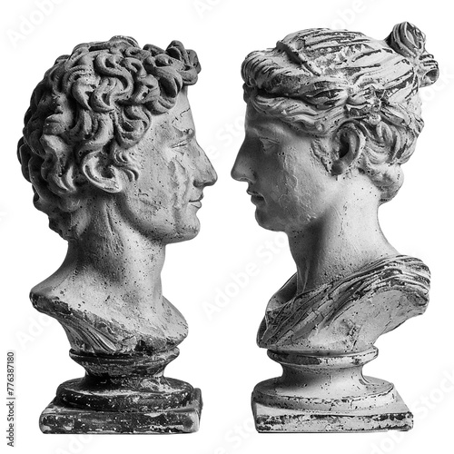 Classical Antique Busts of a Man and Woman on White Background.
