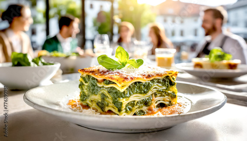 Lasagne mit Spinat im Hintergrund ein Restaurant mit Gästen 