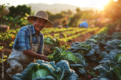 Tanned male farmer asian appearance in work clothes harvesting cabbage on agricultural field in the rays of the sun with space for text