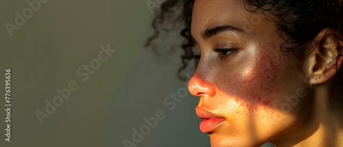 Closeup of woman with red facial rash from Lupus seeking treatment. Concept Lupus Awareness, Skin Health, Red Facial Rash, Medical Treatment, Closeup Portrait