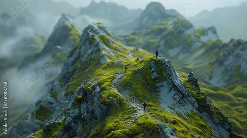sense of scale with tiny figures trekking along vast mountain trails