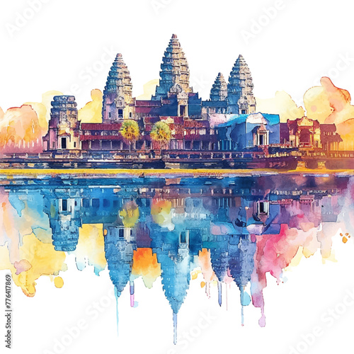 angkor wat lanscape vector illustration in watercolor style