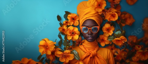 portrait of african woman in orange dress and glasses, surrounded by orange flowers, calypso color background