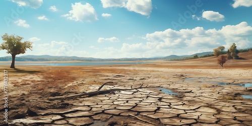 Landscape with dry lake and cracked ground. Climate change concept.