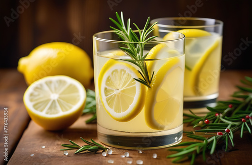 Glass of lemonade with rosemary and lemon on a wooden table