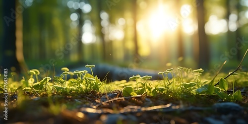 Sunset in the forest with grass and dew drops. Blurred background