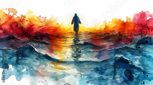 Jesus christ, god walks on water miracle. Watercolor painting, Christ walking on water, jesus walked on water. Watercolor of Jesus walking on water, Ai generated