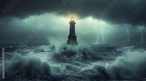 solitude of a lone lighthouse against a stormy sea