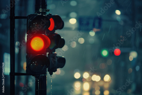 Red traffic light glows on a rainy evening with city lights blurred in the background.