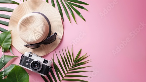 Top view summer concept background. Summer accesories on a pink background