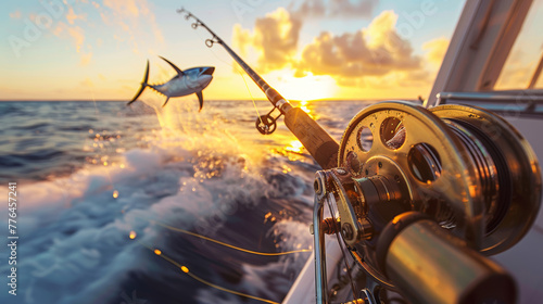 Sport fishing excitement with a jumping fish on the line against a fiery sunset ocean backdrop.