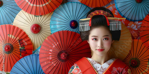 Traditional Japanese geisha among a vibrant array of colorful umbrellas. Panoramic image, banner, with copy space.