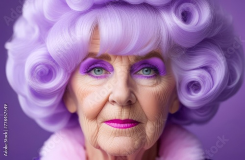 portrait of old woman with purple make up and hair artistically styled against purple background. concepts: artistic expression, creative hairstyles, unusual old people, bright old age, fashion trends