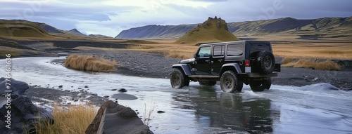 Off-Road SUV Crossing a River in Icelandic Landscape