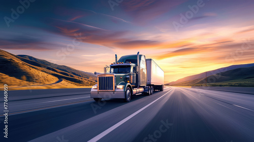 Semi Truck Speeding on Interstate at Sunset