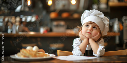 Dreamy young girl in chef hat imagines culinary creations in a kitchen. Panoramic image with copy space.