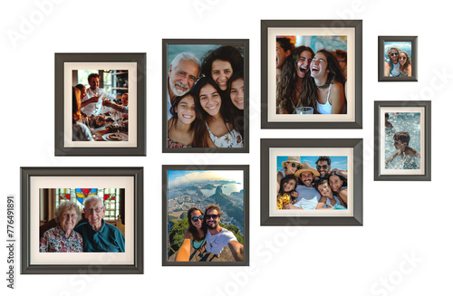 Wall frames collection with Caucasian family pictures over isolated transparent background