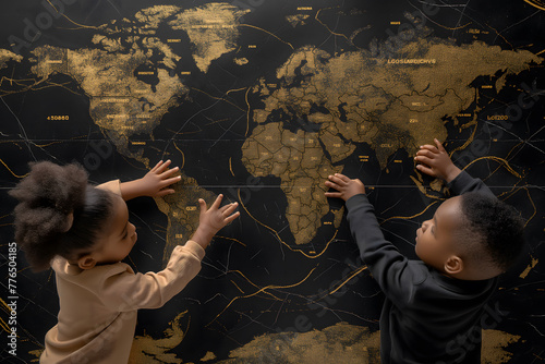 Afrikanische Kinder setzen ein Puzzle der Welt zusammen, schwarz-gold, Teile Afrikas fehlen, Konzept Kontinent Afrika, Zukunft Afrika, Blickwinkel von oben