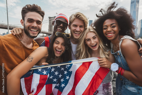 Excited happy multiracial friends different ethnicities and skin colors with American USA Flag celebrating 4 july at New York streets at summer sunny day