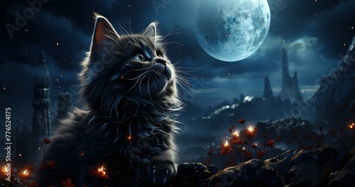 Subject: black cat with white nose Style: 3D rendered UHD 8K Atmosphere: SIlly Goofy Dopy melancholy Setting: visitng the moon
