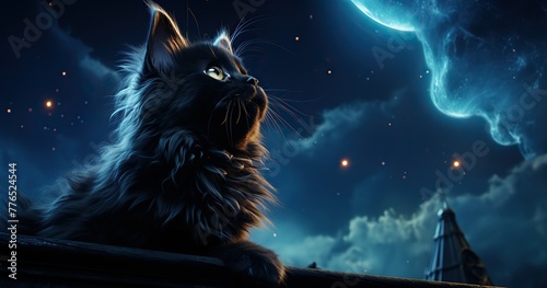 Subject: black cat with white nose Style: 3D rendered UHD 8K Atmosphere: SIlly Goofy Dopy melancholy Setting: visitng the moon