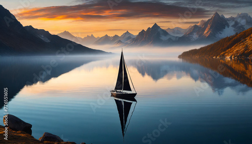 Serene dark silhouette sailboat on calm water, symbolizing peace and freedom