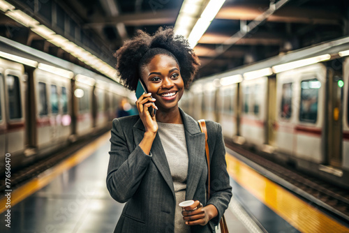 Beautiful fashionable black woman standing at a subway train station. She is happy and talking to someone on her smart phone