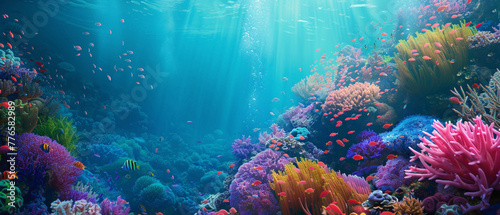 A vibrant coral reef teeming with marine life, bathed in a splendid gradient of blues and greens, captured in high-definition to highlight its mesmerizing vibrancy.