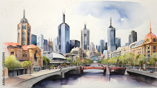 Melbourne city Australia watercolor art