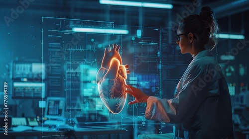  In this digital 3D render, a medical doctor is depicted interacting with a hologram of a heart, symbolizing the use of advanced technology in medicine. 