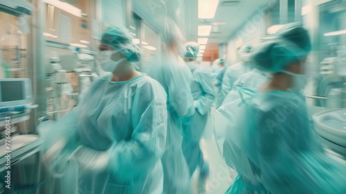 The blurred motion captures the dynamic activity of nurses diligently working in the Post-Anesthesia Care Unit (PACU).