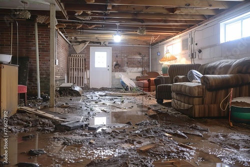 Flooded basement with water damage, home disaster and insurance concept, photo illustration
