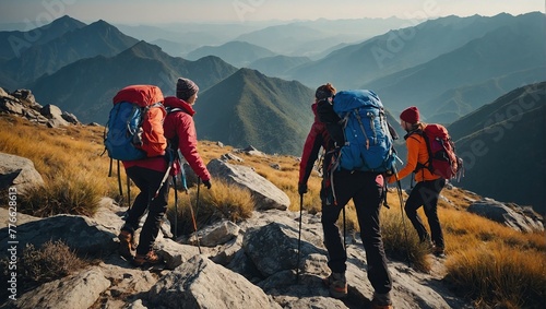 Group of people on peak mountain climbing helping team work , travel trekking success business concept 