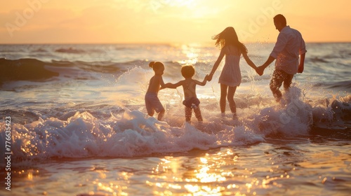 a family playing at the shoreline, with gentle waves lapping at their feet, capturing the joy and simplicity of a day at the beach.
