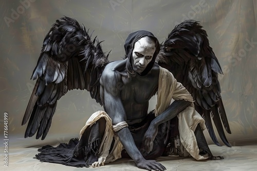 Dramatic Theatrical Artistic Portrait Of Man With Black Angel Wings Sitting In Desolate Room Conceptual Photography