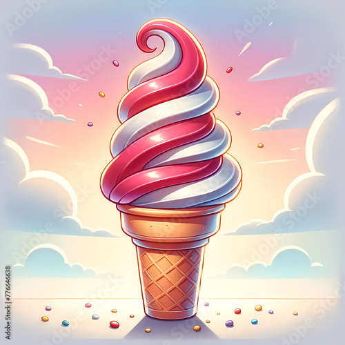 イチゴとミルク味のソフトクリームのイラスト。白色と赤色のアイスが交互になっている