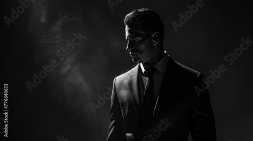 In this captivating portrait a mysterious man stands in the shadows his features only partially revealed by the dim light. His stylish suit and carefully styled hair exude a sense .