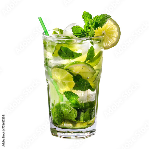 mojito with lemon slice, mint and ice, with transparent background