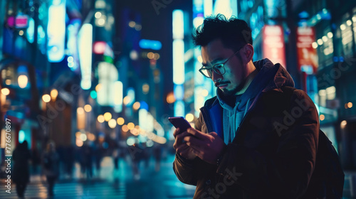 A man is looking at his cell phone in a city at night